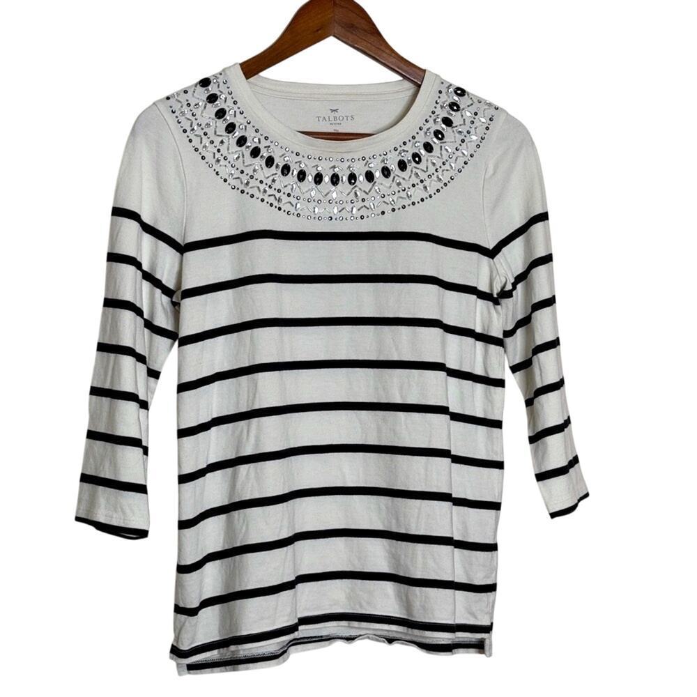 Talbots Women’s Rhinestone Embellished Striped Top Ivory White Black Size MP